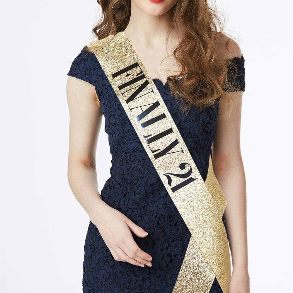 "Finally 21" Sash & Rhinestone Tiara Set - 21St Birthday Gifts Birthday Sash for Women Fun Party Favors Birthday Party Supplies (Gold Glitter with Black Lettering) Apparel & Accessories > Clothing Accessories > Sashes ADBetty   