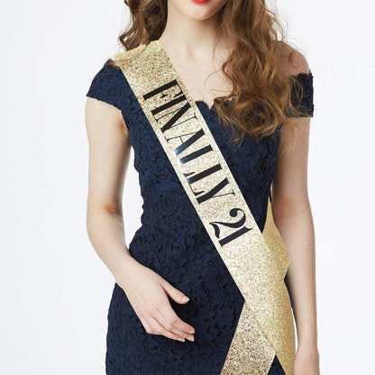 "Finally 21" Sash & Rhinestone Tiara Set - 21St Birthday Gifts Birthday Sash for Women Fun Party Favors Birthday Party Supplies (Gold Glitter with Black Lettering) Apparel & Accessories > Clothing Accessories > Sashes ADBetty   