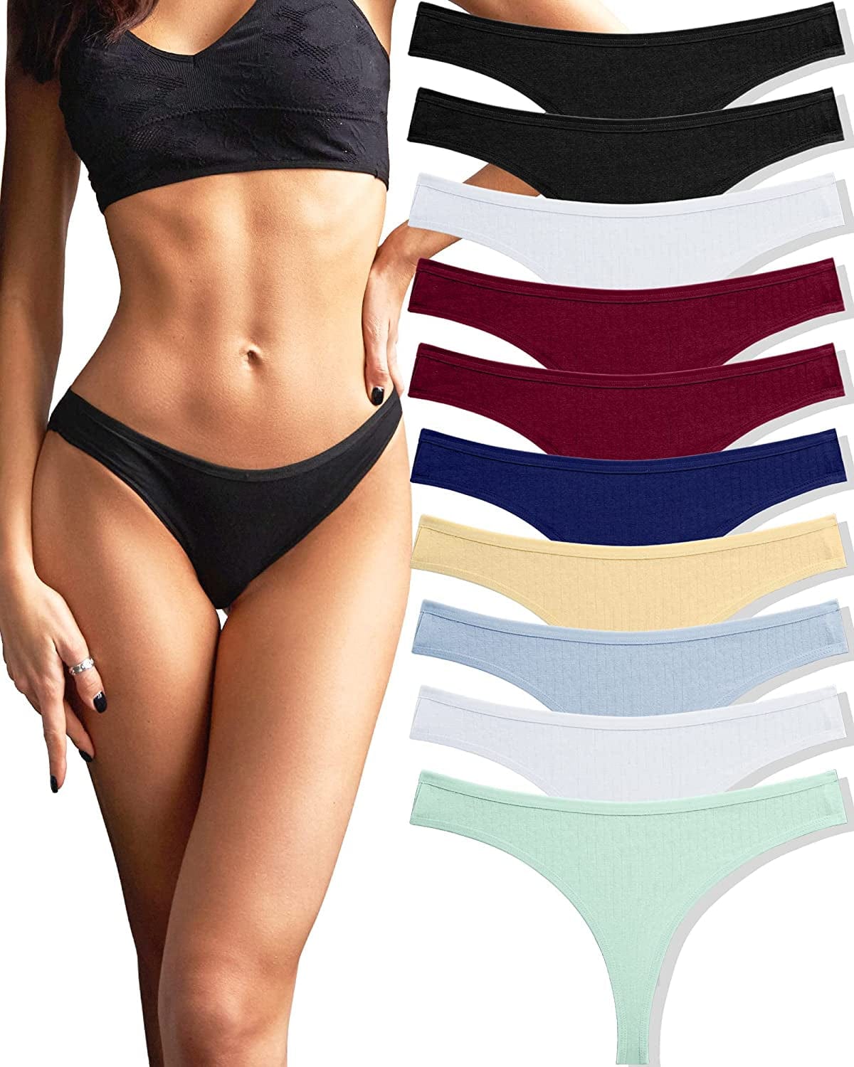 FINETOO 10 Pack Cotton Thongs for Women Breathable Low Rise Bikini Lady Panties Womens Underwear Sexy S-XL Set1-10pack / Medium