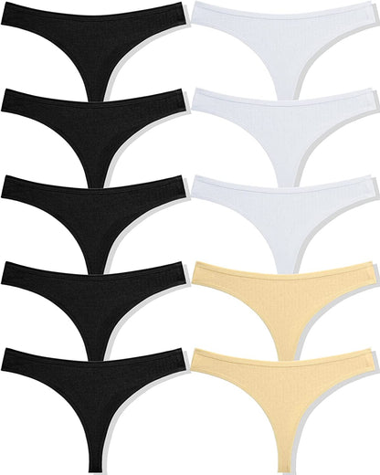 FINETOO 10 Pack Cotton Thongs for Women Breathable Low Rise Bikini Lady Panties Womens Underwear Sexy S-XL Set3-10pack / X-Large