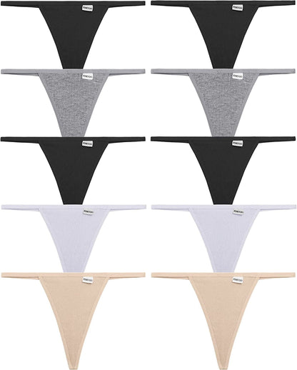 FINETOO 10 Pack G-String Thongs for Women Cotton Panties Stretch T-Back Tangas Low Rise Hipster Underwear Sexy S-XL Light Color-10pack / Medium