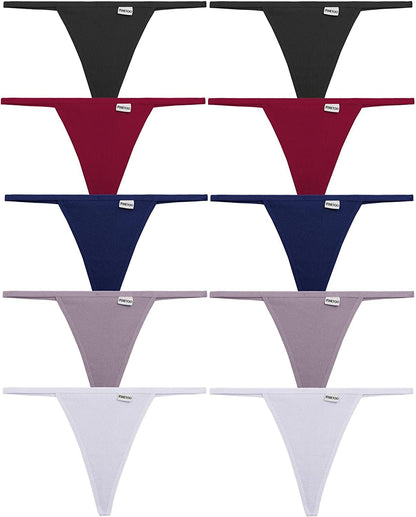 FINETOO 10 Pack G-String Thongs for Women Cotton Panties Stretch T-Back Tangas Low Rise Hipster Underwear Sexy S-XL Dark Color-10pack / Medium
