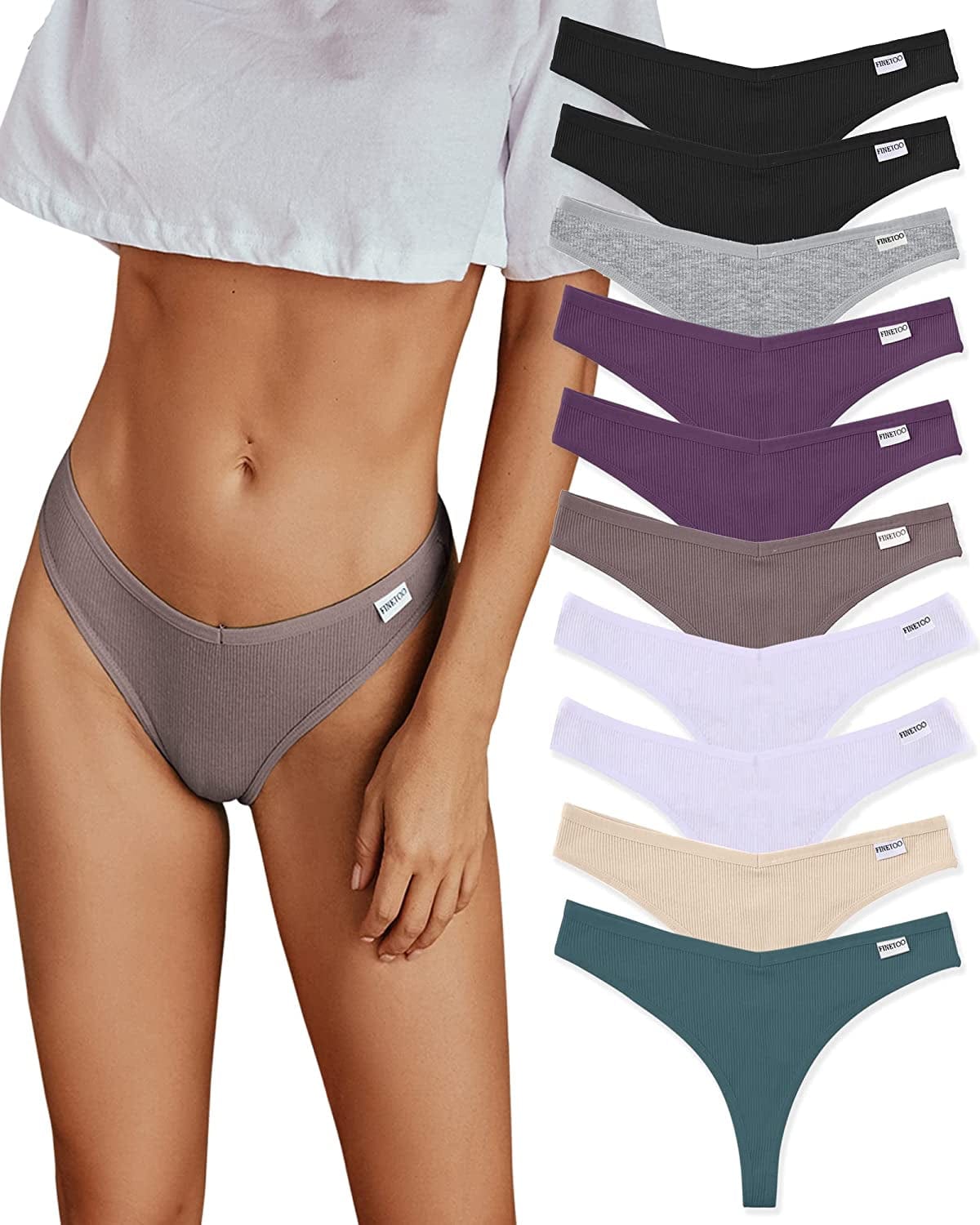 FINETOO 10 Pack Thongs for Women Cotton Underwear V String Breathable Stretch Hipster Sexy Thong Panties S-XL Thongs 10pack D / Large