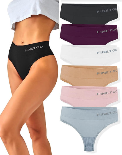 FINETOO 6 Pack High Waisted Thongs for Women, Nylon Spandex Panties Breathable Soft Stretchy Underwear High Rise S-XL 6 Pack a / Large-X-Large