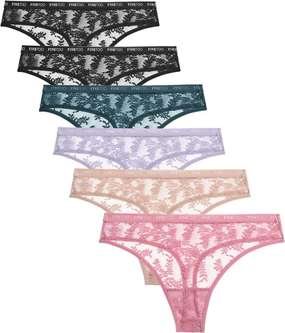 FINETOO 6 Pack Lace Thongs for Women Sexy High Waisted Thong Underwear Cute Breathable Stretch Hipster Tangas Panties S-XL 6 Pack B / Large