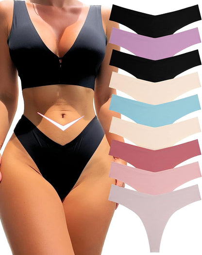 FINETOO 9 Pack Seamless Thongs for Women No Show Underwear V Waisted Comfortable Sexy Thong Panties XS-L C-9pack / Small