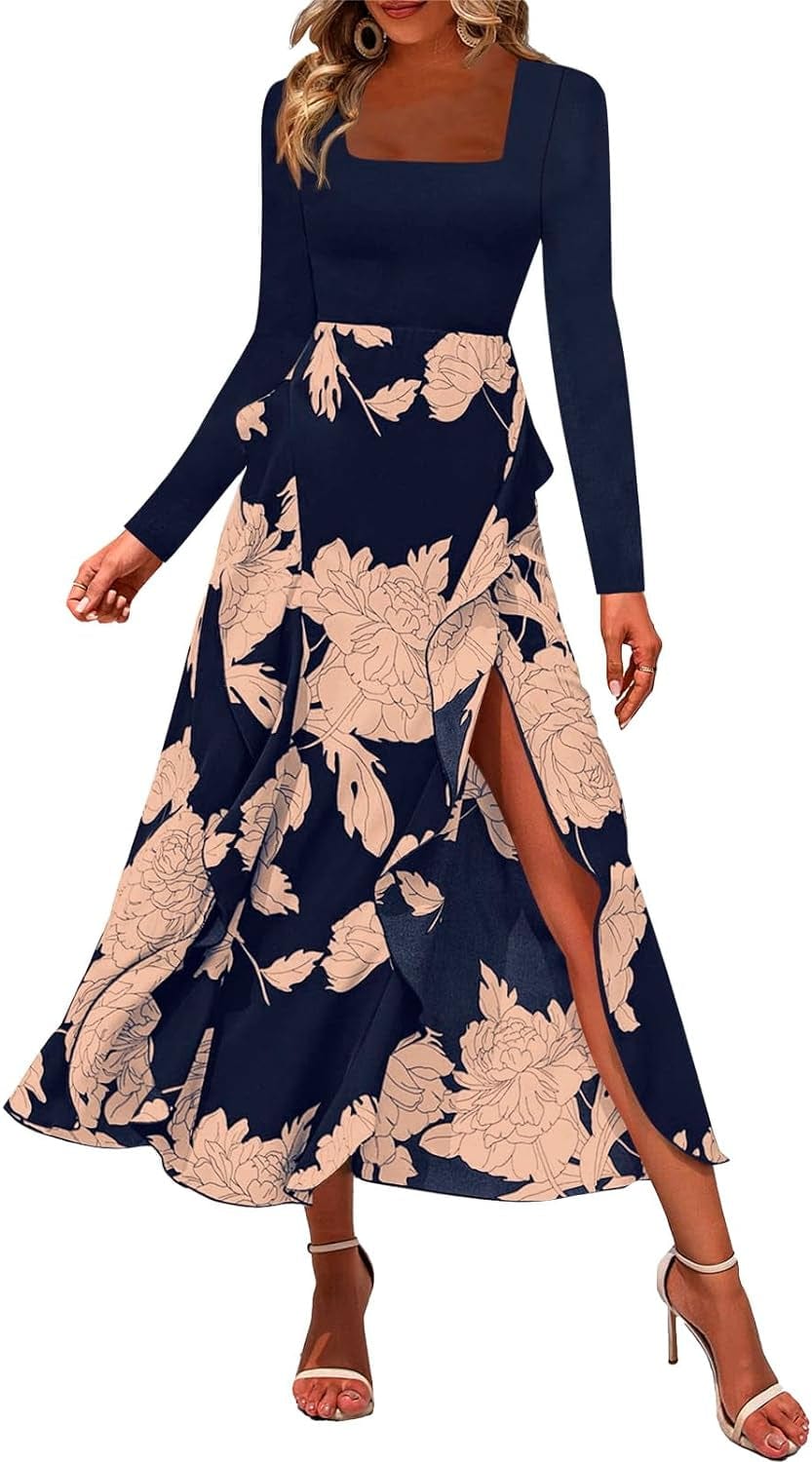 Fisoew Women'S Floral Long Sleeve Boho Dress Casual Spuare Neck Ruffle Slit Party Midi Dresses Navy / Medium