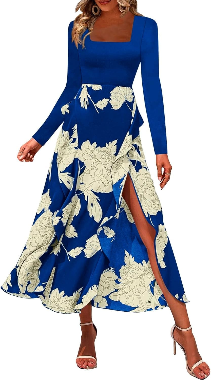Fisoew Women'S Floral Long Sleeve Boho Dress Casual Spuare Neck Ruffle Slit Party Midi Dresses Bright Blue / Xx-Large
