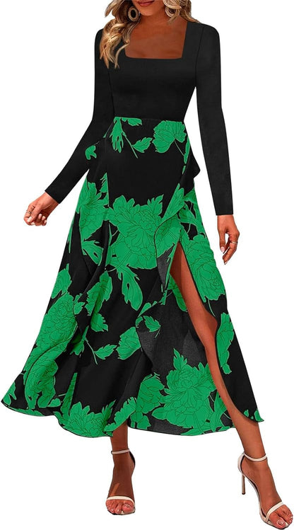 Fisoew Women'S Floral Long Sleeve Boho Dress Casual Spuare Neck Ruffle Slit Party Midi Dresses Greenblack / Small