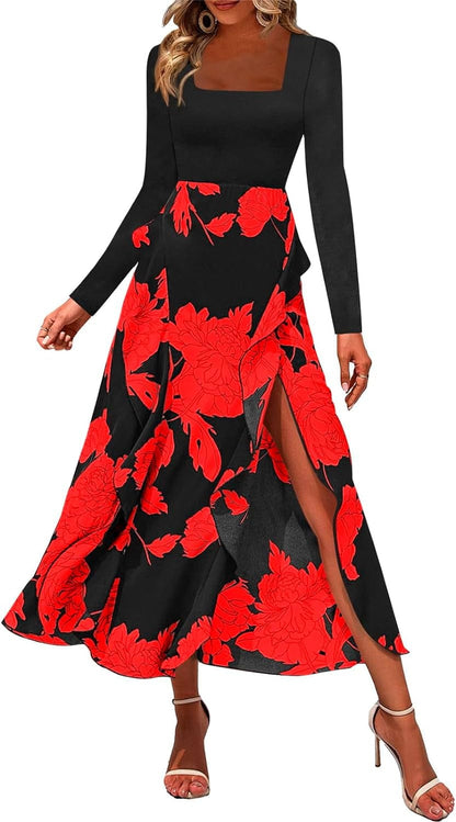 Fisoew Women'S Floral Long Sleeve Boho Dress Casual Spuare Neck Ruffle Slit Party Midi Dresses Blackred / Small