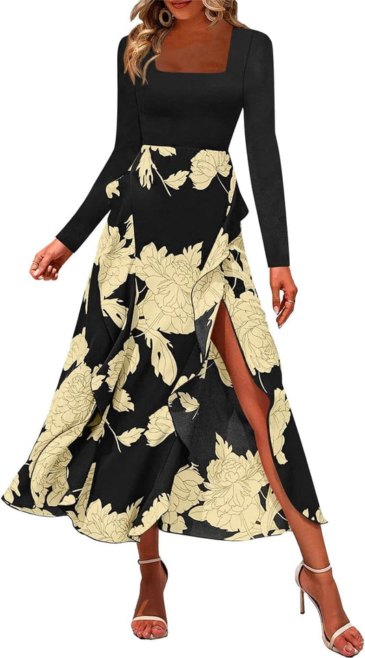 Fisoew Women'S Floral Long Sleeve Boho Dress Casual Spuare Neck Ruffle Slit Party Midi Dresses