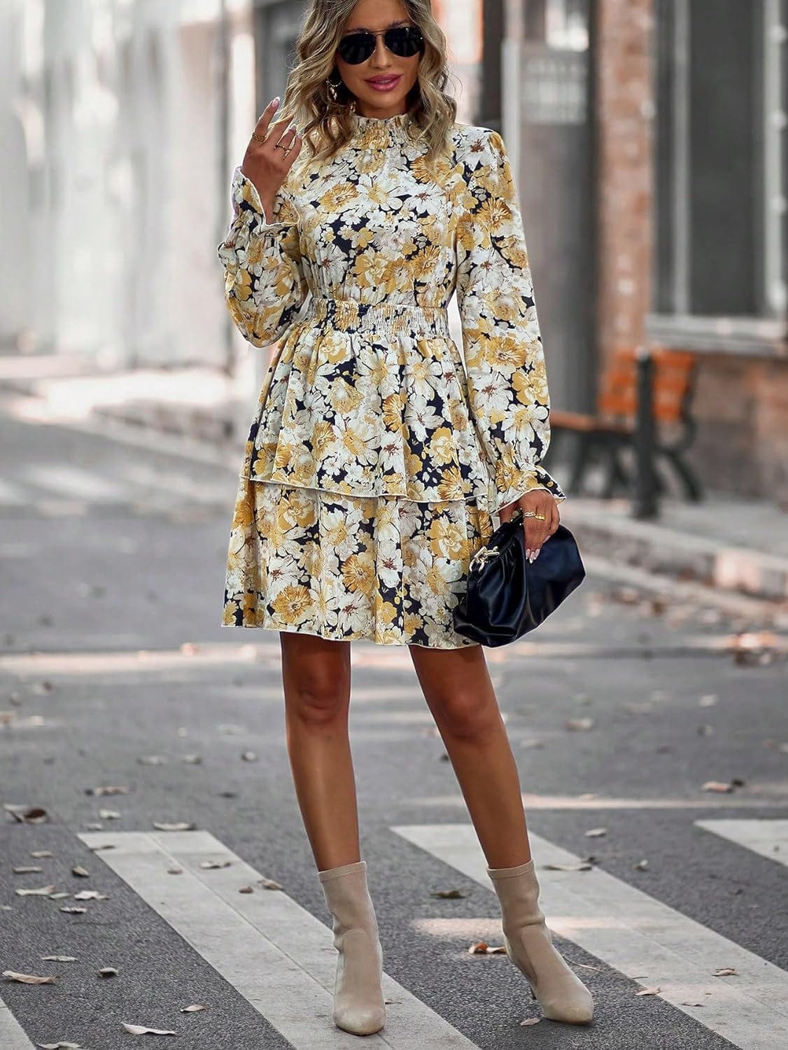 Floerns Women'S Floral Print Flounce Sleeve Boho Dress Frill Neck Layer Hem Dresses
