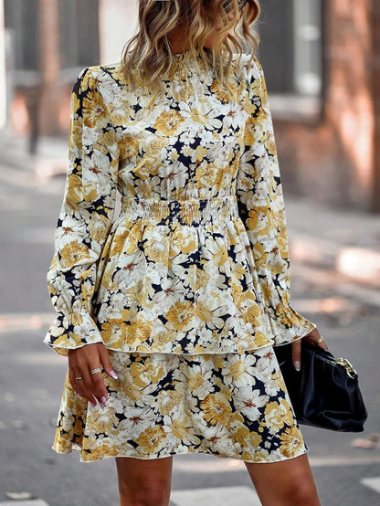 Floerns Women'S Floral Print Flounce Sleeve Boho Dress Frill Neck Layer Hem Dresses