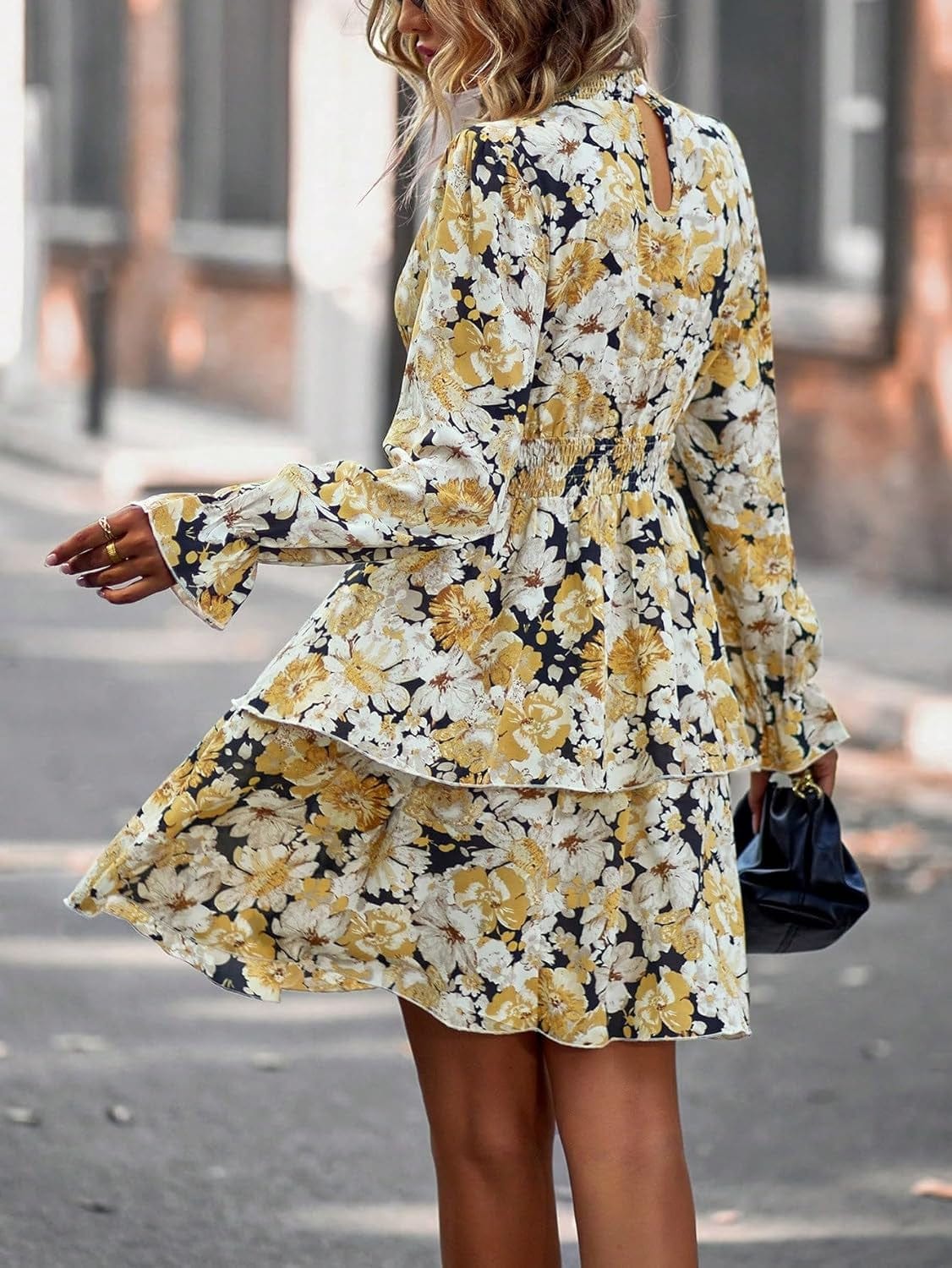 Floerns Women'S Floral Print Flounce Sleeve Boho Dress Frill Neck Layer Hem Dresses