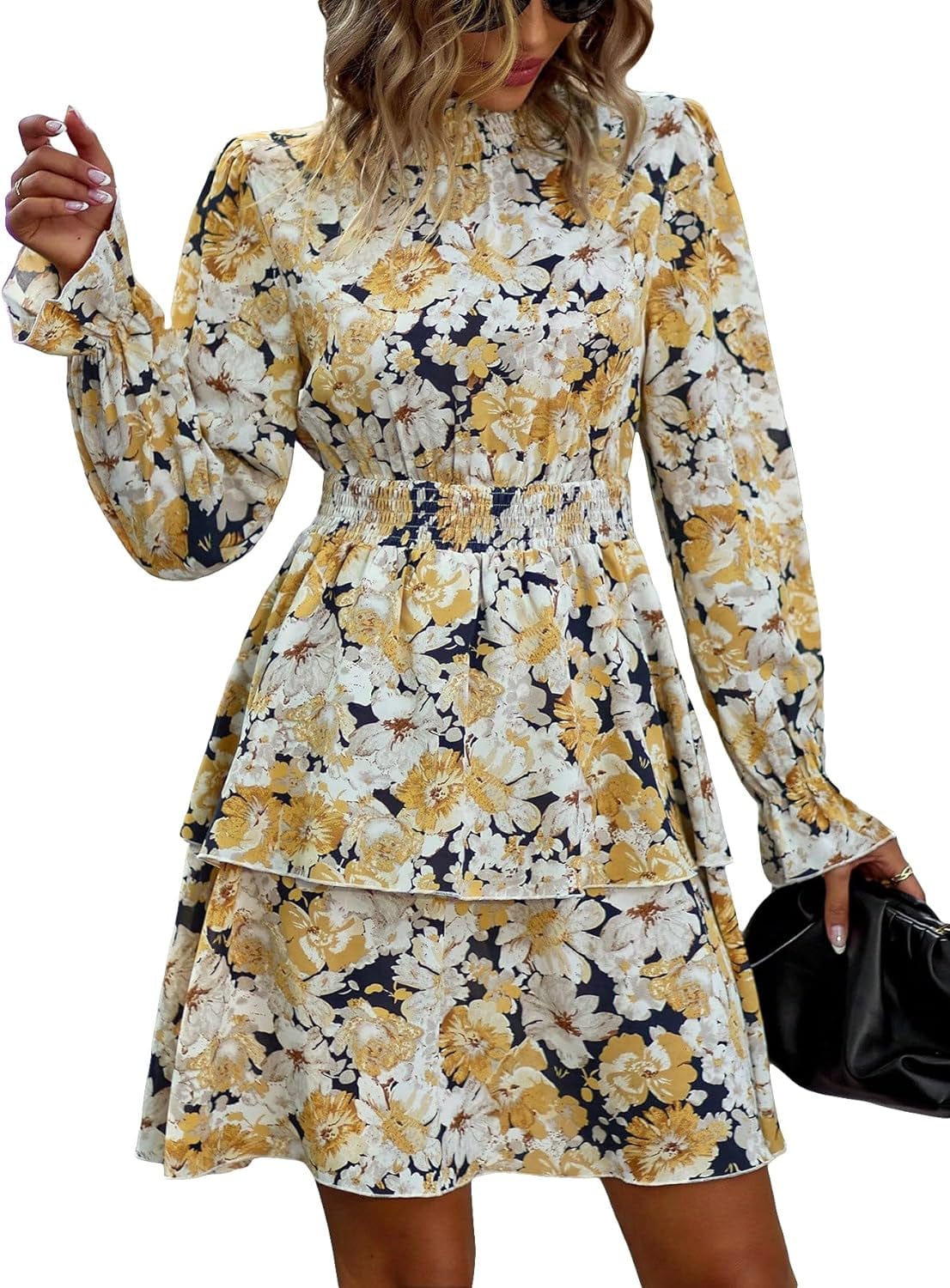 Floerns Women'S Floral Print Flounce Sleeve Boho Dress Frill Neck Layer Hem Dresses