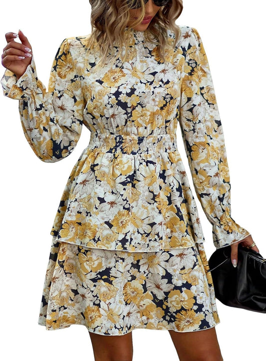 Floerns Women'S Floral Print Flounce Sleeve Boho Dress Frill Neck Layer Hem Dresses