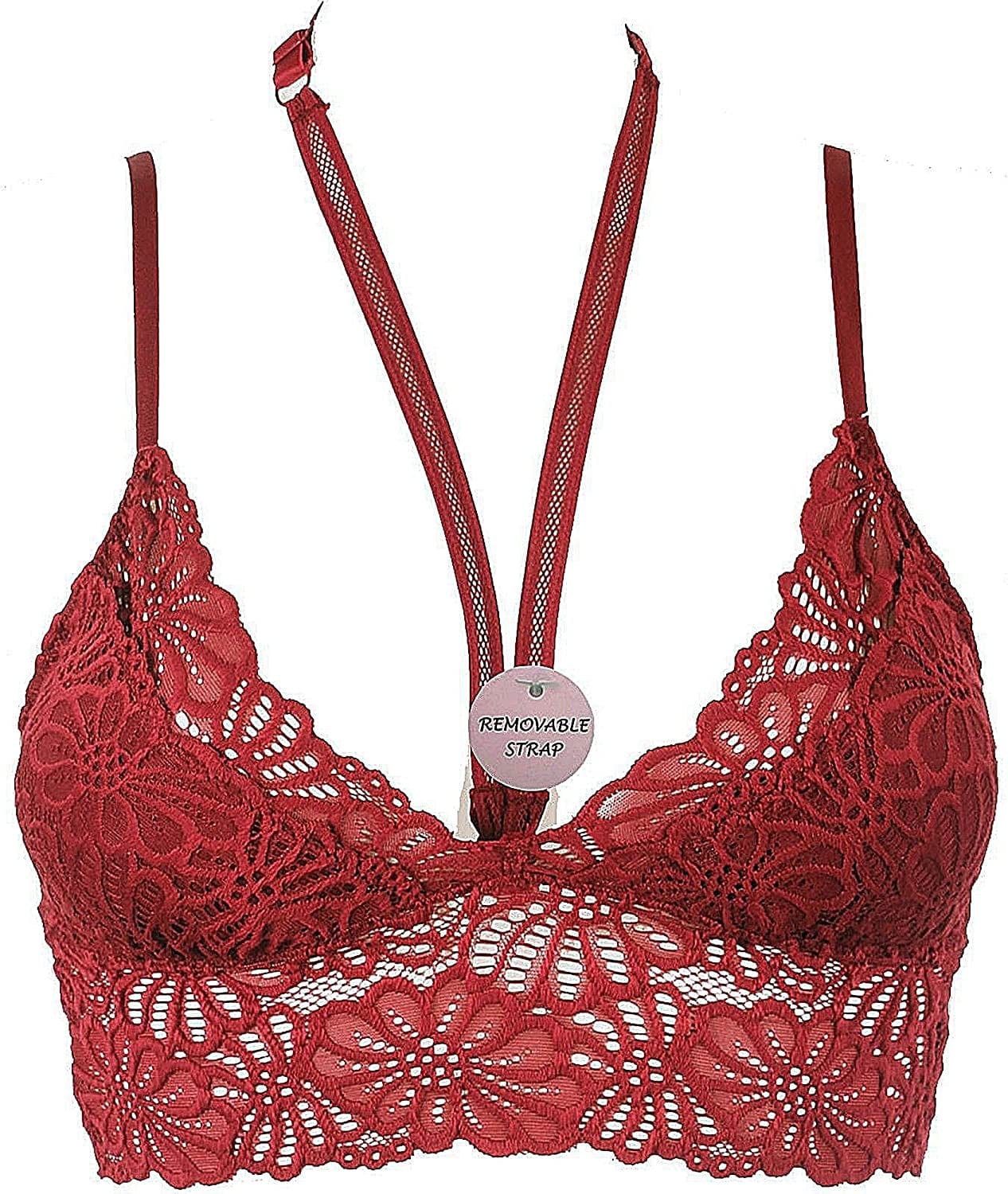 Floral Lace Bralette Bras Removable Pads Elastic Band Bustier Top Wireless Tibetan Red / Large