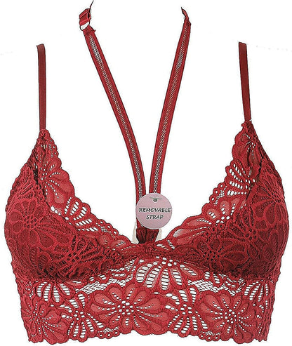 Floral Lace Bralette Bras Removable Pads Elastic Band Bustier Top Wireless Tibetan Red / Large