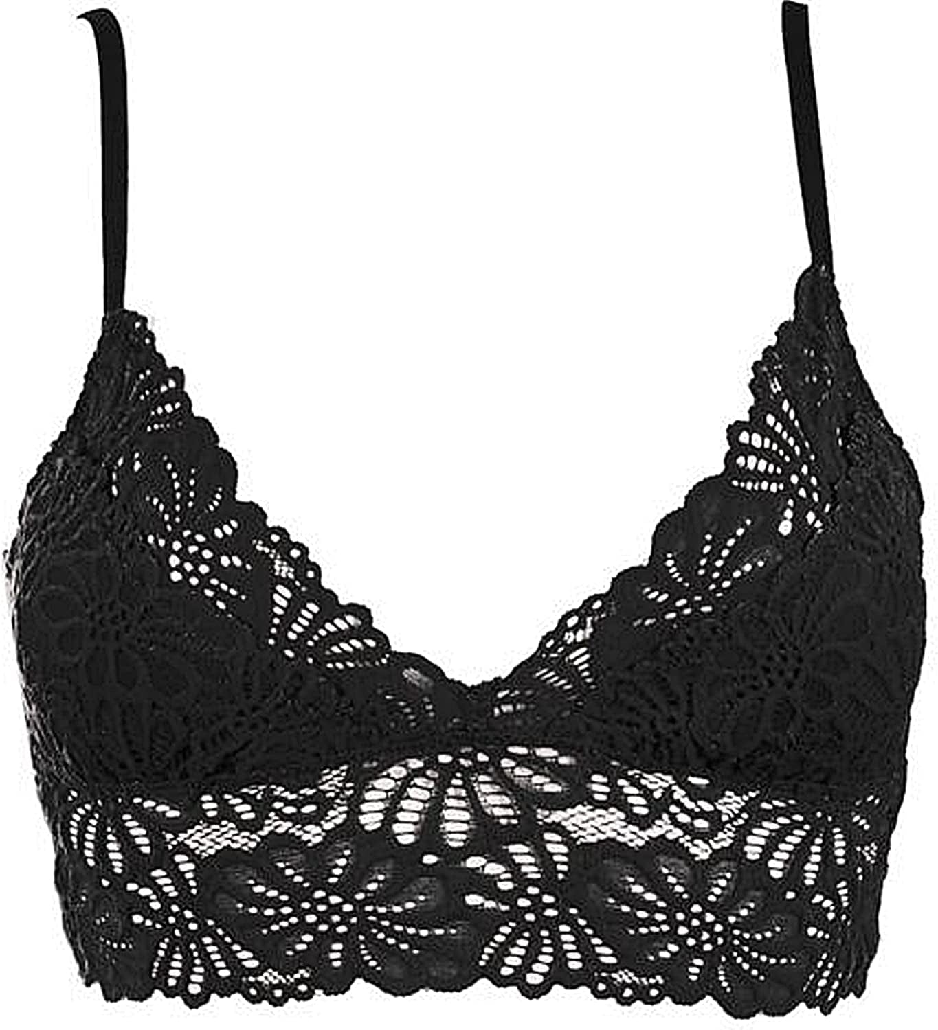 Floral Lace Bralette Bras Removable Pads Elastic Band Bustier Top Wireless Black / Large