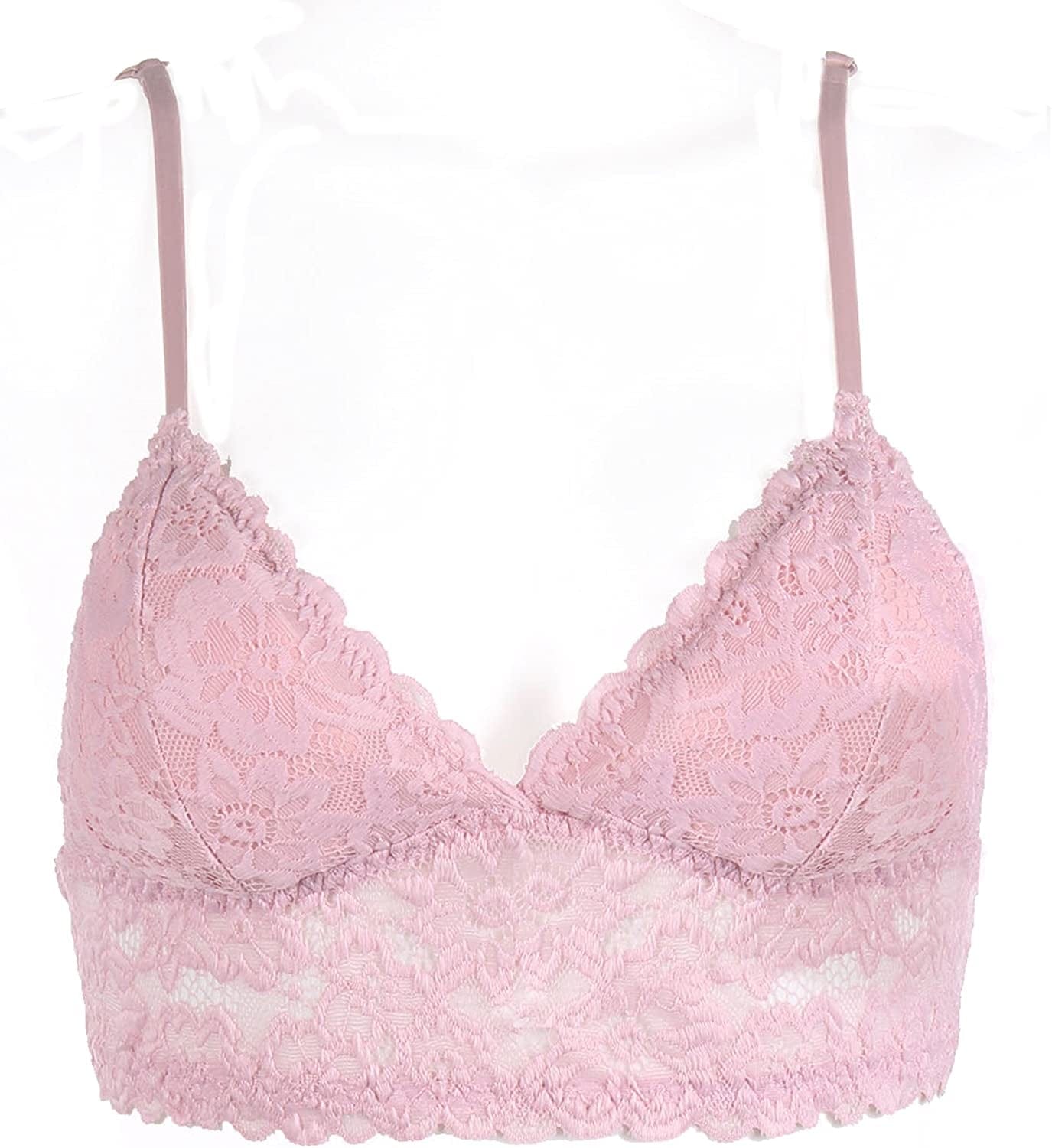Floral Lace Bralette Bras Removable Pads Elastic Band Bustier Top Wireless Lt.pink / Large