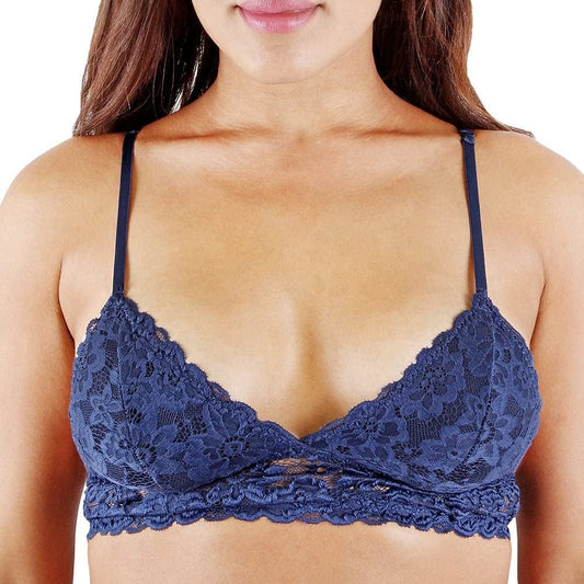 Floral Lace Bralette Bras Removable Pads Elastic Band Bustier Top Wireless Navy / Large