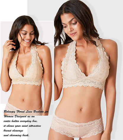 Floral Lace Halter Bralette for Women, Wireless Bra Lingerie with Removable Padded Halter Crop Top