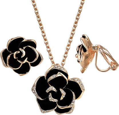 Flower Jewelry Set 18K Rose GP Sexy Flower Lacing with Rhinestones Clip Earrings&Necklace Ladies Jewelry Set Rose Flower Jewelry Set