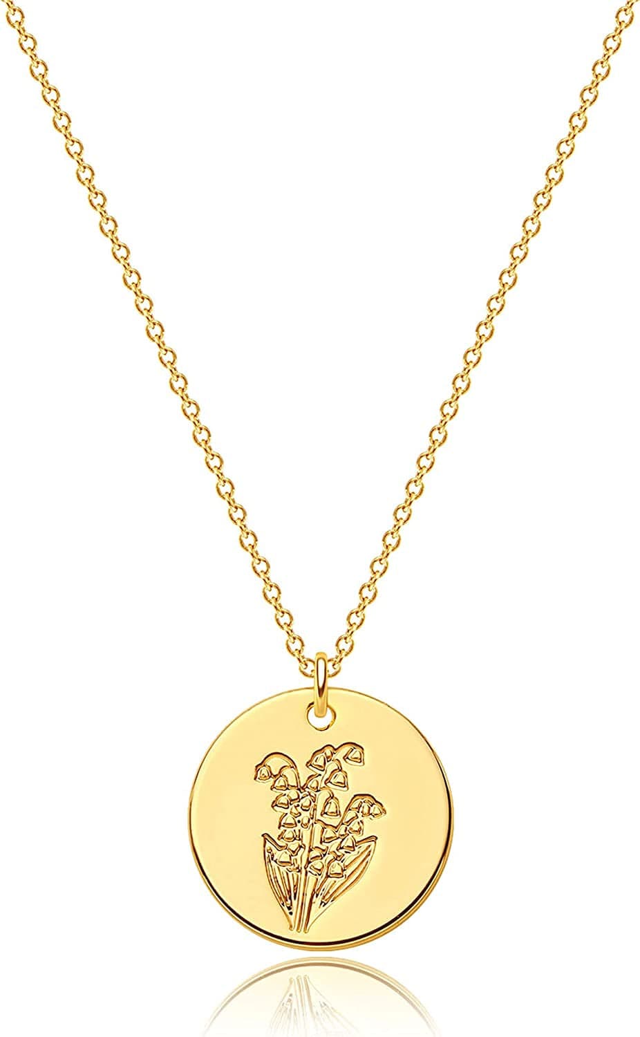 Flower Necklace for Women 18K Plated Gold Dainty Disk Disc Coin Pendant Minimalist Floral Necklace Classic Birth Flower Necklace Delicate Personalized Gift for Her M-Convallaria Majalis