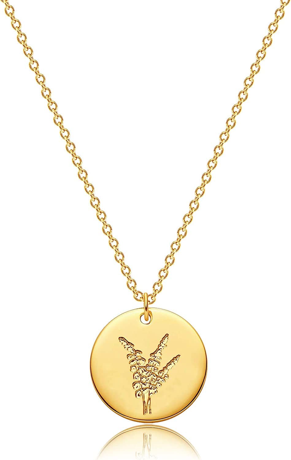 Flower Necklace for Women 18K Plated Gold Dainty Disk Disc Coin Pendant Minimalist Floral Necklace Classic Birth Flower Necklace Delicate Personalized Gift for Her L-December-Photinia-Style B