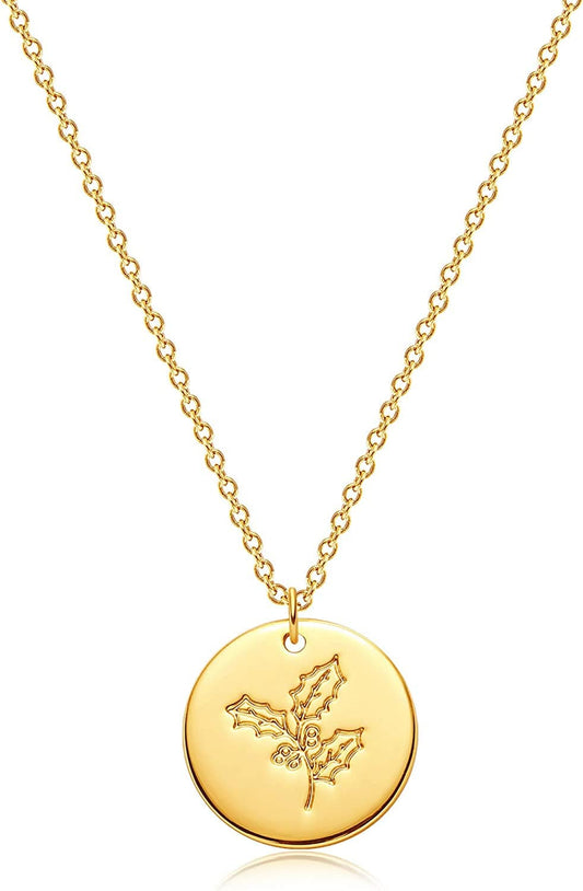 Flower Necklace for Women 18K Plated Gold Dainty Disk Disc Coin Pendant Minimalist Floral Necklace Classic Birth Flower Necklace Delicate Personalized Gift for Her L-December-Holly-Style A