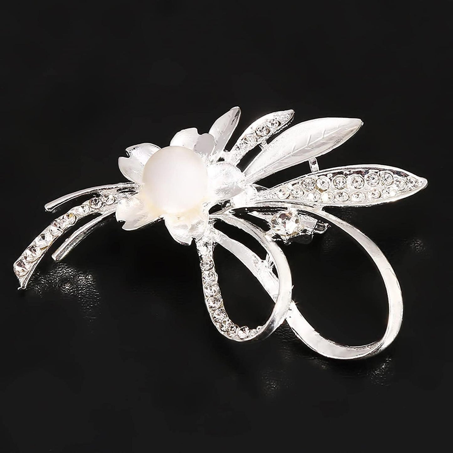Flower Pearl Brooch Faux Rhinestone Crystal Brooches Pins Bouquet Corsage Wedding Lapel Pin for Women,Silver