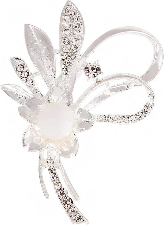 Flower Pearl Brooch Faux Rhinestone Crystal Brooches Pins Bouquet Corsage Wedding Lapel Pin for Women,Silver Silver