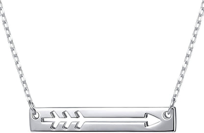 FLYOW 925 Sterling Silver Love Arrow Horizontal Sideways Minimalist Bar Pendant Necklace for Women Teen Girls Gift, 18 Inch + 2 Inch