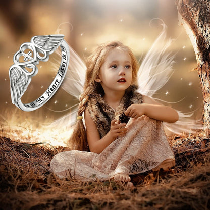 FLYOW S925 Sterling Silver a Piece of My Heart Lives in Heaven Angel Wing Ring for Women Jewelry Memory of Mom Dad Grandma Grandpa Baby Loss Memorial Gift