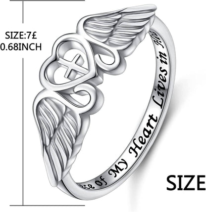 FLYOW S925 Sterling Silver a Piece of My Heart Lives in Heaven Angel Wing Ring for Women Jewelry Memory of Mom Dad Grandma Grandpa Baby Loss Memorial Gift