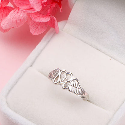 FLYOW S925 Sterling Silver a Piece of My Heart Lives in Heaven Angel Wing Ring for Women Jewelry Memory of Mom Dad Grandma Grandpa Baby Loss Memorial Gift