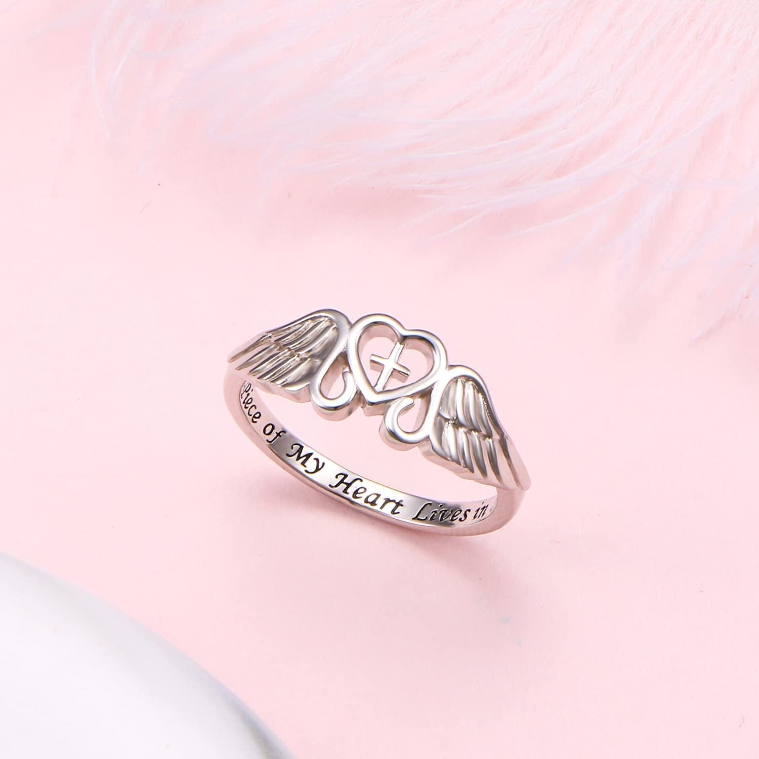 FLYOW S925 Sterling Silver a Piece of My Heart Lives in Heaven Angel Wing Ring for Women Jewelry Memory of Mom Dad Grandma Grandpa Baby Loss Memorial Gift