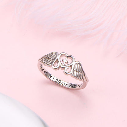 FLYOW S925 Sterling Silver a Piece of My Heart Lives in Heaven Angel Wing Ring for Women Jewelry Memory of Mom Dad Grandma Grandpa Baby Loss Memorial Gift