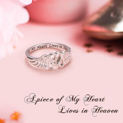 FLYOW S925 Sterling Silver a Piece of My Heart Lives in Heaven Angel Wing Ring for Women Jewelry Memory of Mom Dad Grandma Grandpa Baby Loss Memorial Gift