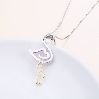 FLYOW Two Tone S925 Sterling Silver Bird Pendant Pink Flamingo Love Heart Pendant Necklace for Women Ladies Teen Girls Birthday Gifts