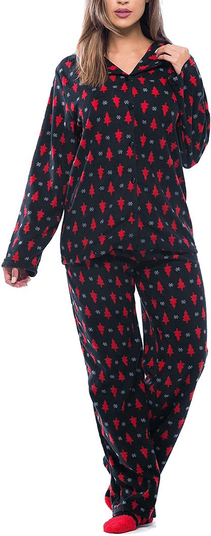 #followme Printed Microfleece Button Front PJ Pant Set with Socks Apparel & Accessories > Clothing > Sleepwear & Loungewear > Pajamas #followme Black - Holiday Tree & Snowflake Medium 
