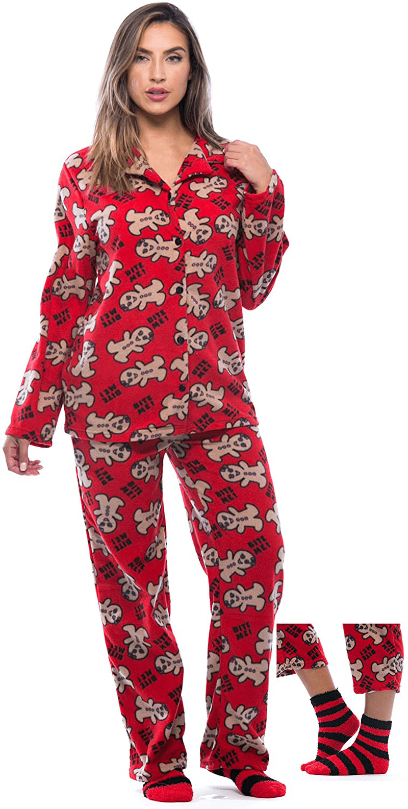 #followme Printed Microfleece Button Front PJ Pant Set with Socks Apparel & Accessories > Clothing > Sleepwear & Loungewear > Pajamas #followme Red - Bite Me Gingergirl 3X 