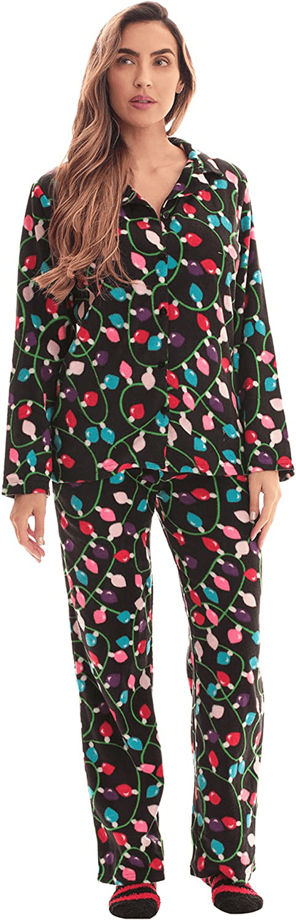 #followme Printed Microfleece Button Front PJ Pant Set with Socks Apparel & Accessories > Clothing > Sleepwear & Loungewear > Pajamas #followme Black - Xmas Lights Large 