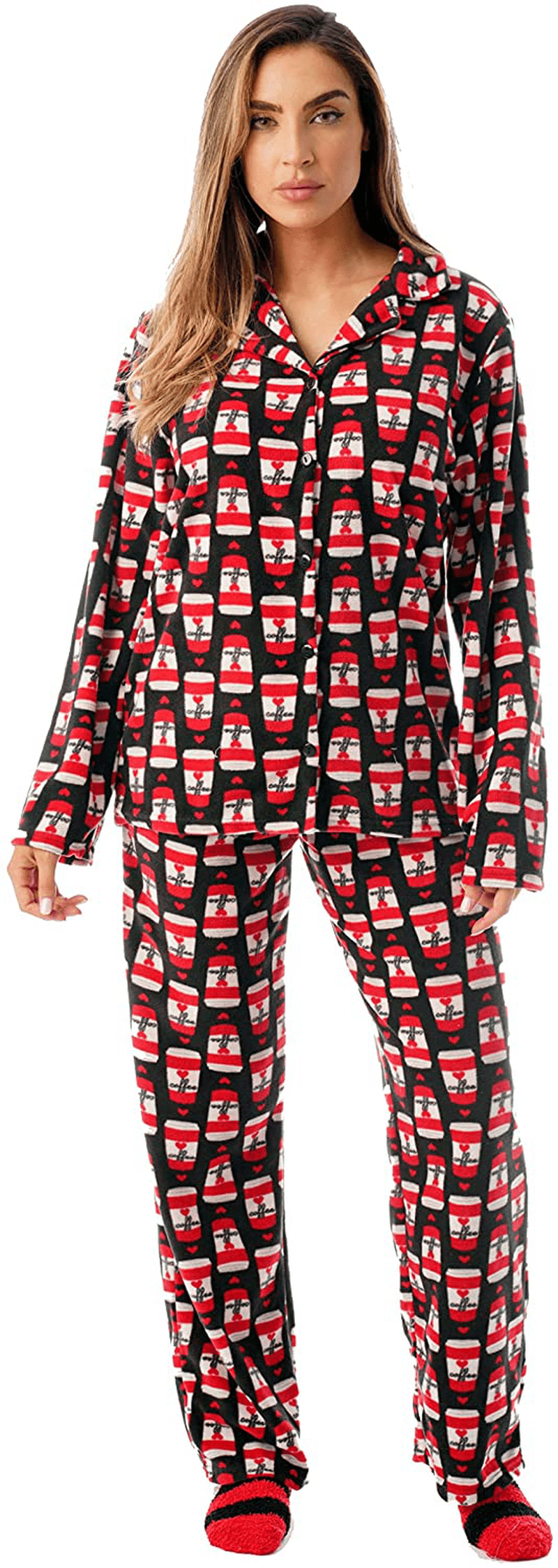 #followme Printed Microfleece Button Front PJ Pant Set with Socks Apparel & Accessories > Clothing > Sleepwear & Loungewear > Pajamas #followme Black - Coffee Lover 2X 