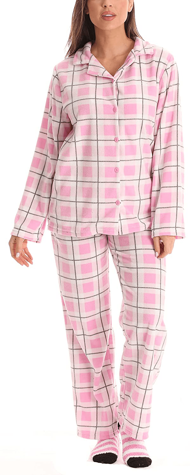 #followme Printed Microfleece Button Front PJ Pant Set with Socks Apparel & Accessories > Clothing > Sleepwear & Loungewear > Pajamas #followme Pink - Plaid Large 