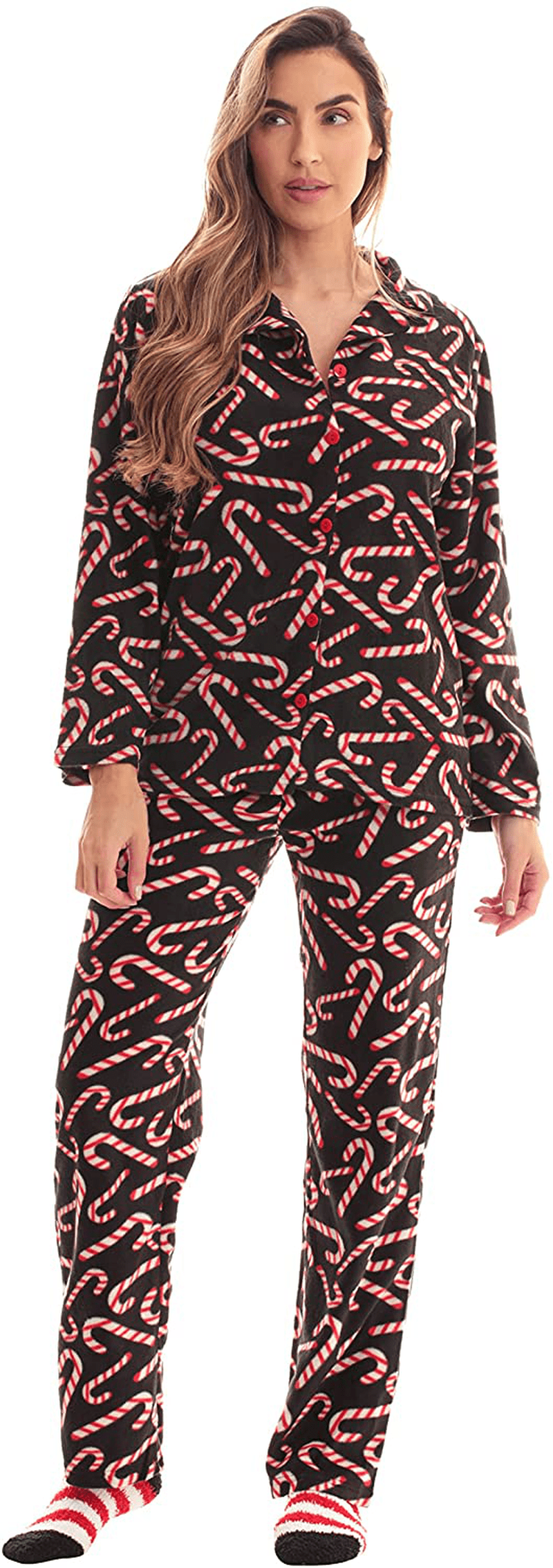 #followme Printed Microfleece Button Front PJ Pant Set with Socks Apparel & Accessories > Clothing > Sleepwear & Loungewear > Pajamas #followme Black - Candy Cane Small 