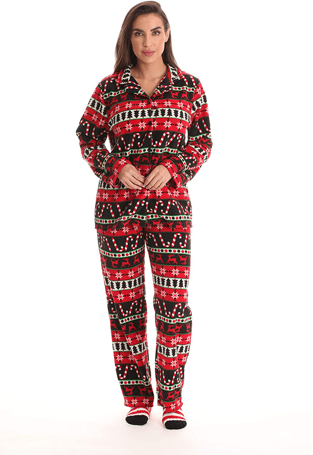 #followme Printed Microfleece Button Front PJ Pant Set with Socks Apparel & Accessories > Clothing > Sleepwear & Loungewear > Pajamas #followme Black - Candycane Small 