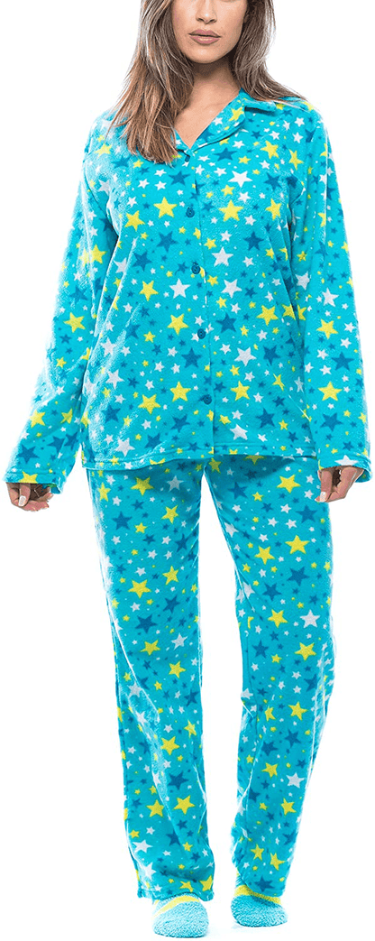 #followme Printed Microfleece Button Front PJ Pant Set with Socks Apparel & Accessories > Clothing > Sleepwear & Loungewear > Pajamas #followme Blue - Starry Small 