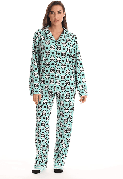 #followme Printed Microfleece Button Front PJ Pant Set with Socks Apparel & Accessories > Clothing > Sleepwear & Loungewear > Pajamas #followme Mint - Panda Jam 3X 