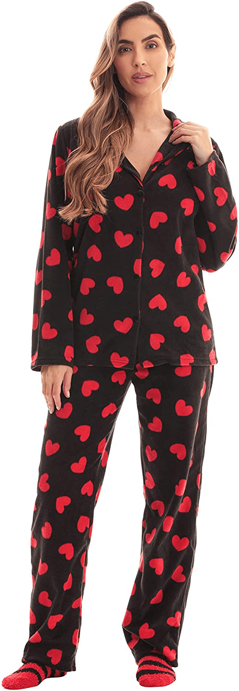 #followme Printed Microfleece Button Front PJ Pant Set with Socks Apparel & Accessories > Clothing > Sleepwear & Loungewear > Pajamas #followme Black - Red Hearts 3X 